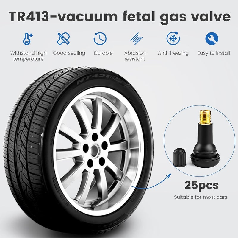 caqeg 25pcs TR413 Tire Valve Stem - Rubber Snap-in Valves, Tubeless Valve Stems Suit for 0.453 inch Rim Holes on Standard Vehicle Tires - Image 5